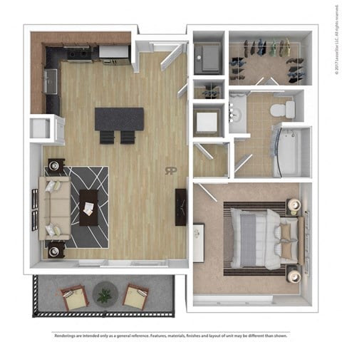 Floor plan for 1 bed, 1 bath, 684 sqft
