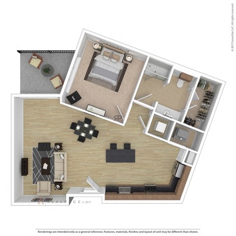 Floor plan for 1 bed, 1 bath, 685 sqft