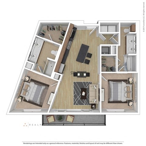 Floor plan for 2 beds, 2 baths, 1052 sqft
