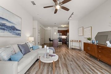 Austin apartment for rent - A living room with a white couch and a painting on the wall.
