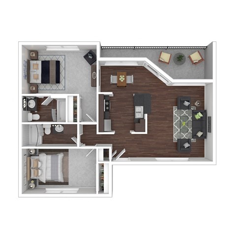 Floor plan for 2 beds, 2 baths, 951 sqft