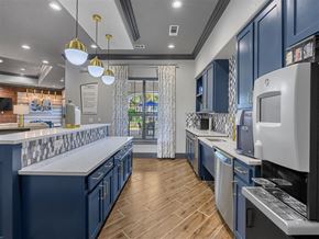 Austin apartment for rent - a kitchen with blue cabinets and counter tops