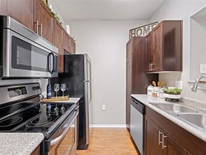 Dallas apartment for rent - A kitchen with a black refrigerator and stove.
