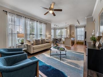 Sugar Land apartment for rent - A living room with a blue rug and a beige couch.