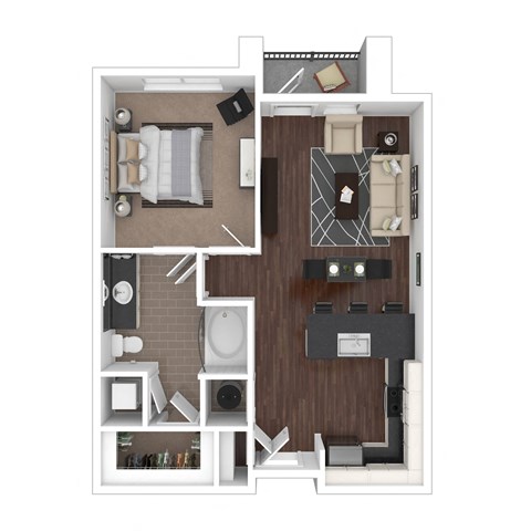 Floor plan for 1 bed, 1 bath, 730 sqft