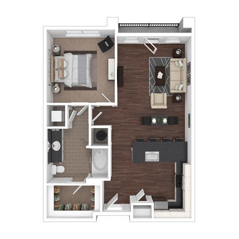 Floor plan for 1 bed, 1 bath, 763 sqft