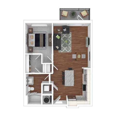 Floor plan for 1 bed, 1 bath, 722 sqft
