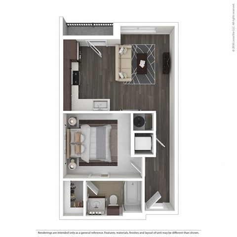 Floor plan for 1 bed, 1 bath, 595 sqft