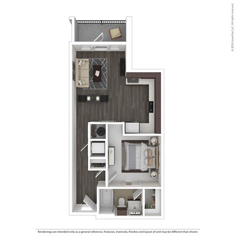 Floor plan for 1 bed, 1 bath, 619 sqft