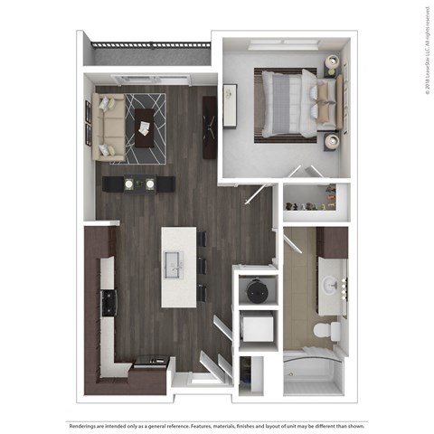 Floor plan for 1 bed, 1 bath, 671 sqft
