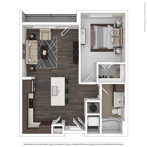 Floor plan for 1 bed, 1 bath, 723 sqft