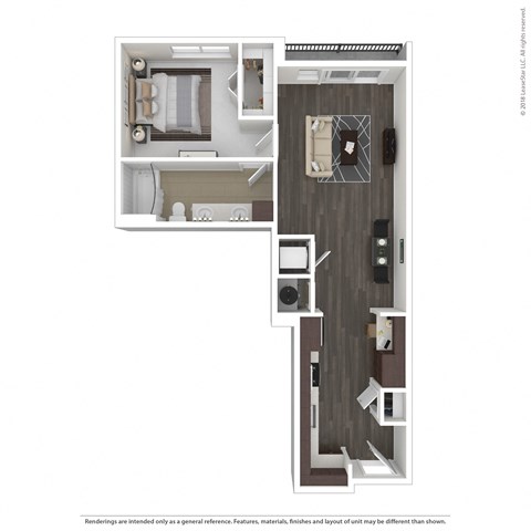 Floor plan for 1 bed, 1 bath, 735 sqft