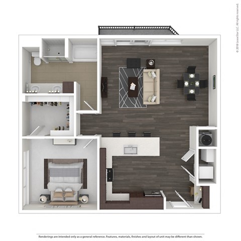 Floor plan for 1 bed, 1 bath, 1052 sqft