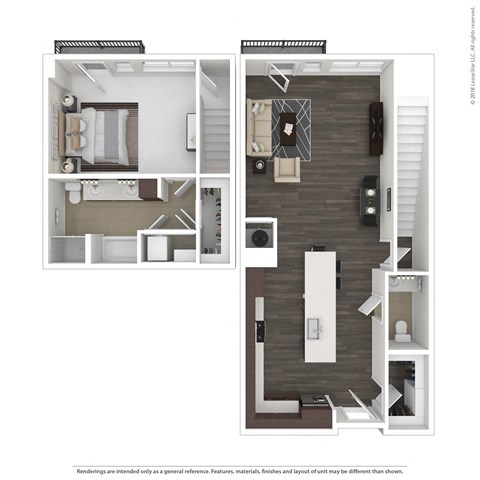 Floor plan for 1 bed, 1.5 baths, 1283 sqft