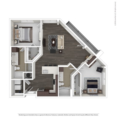 Floor plan for 2 beds, 2 baths, 1237 sqft