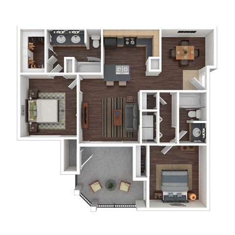 Floor plan for 2 beds, 2 baths, 977 sqft