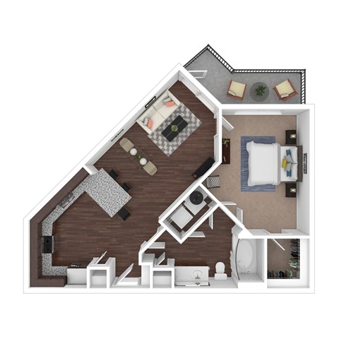 Floor plan for 1 bed, 1 bath, 686 sqft