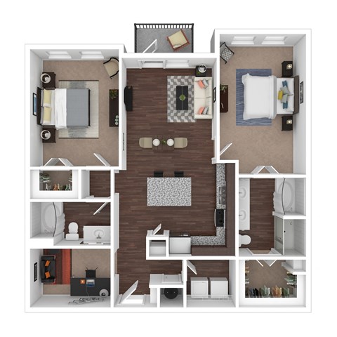 Floor plan for 2 beds, 2 baths, 1285 sqft