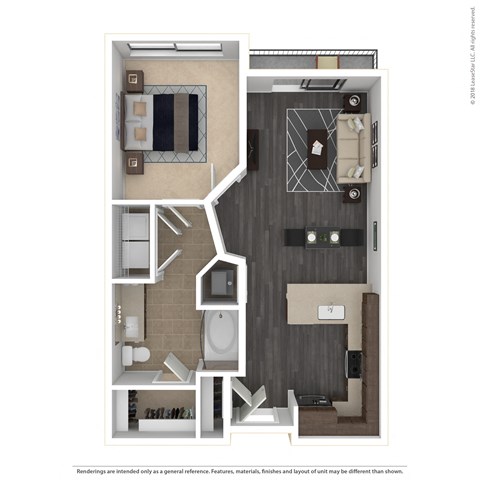 Floor plan for 1 bed, 1 bath, 726 sqft