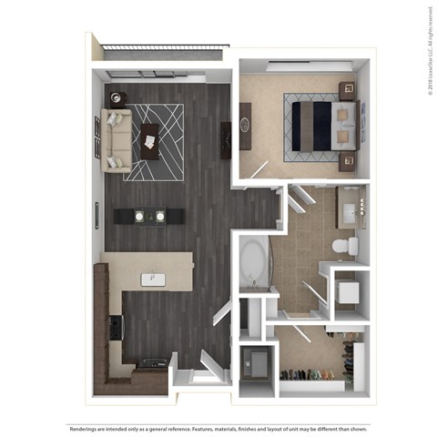 Floor plan for 1 bed, 1 bath, 744 sqft