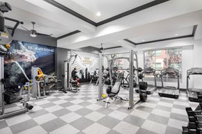 Houston apartment for rent - A gym with a variety of equipment including a treadmill, a stationary bike, a rowing machine, a bench press, a squat rack, a leg press machine, a cable machine, a dumbbell