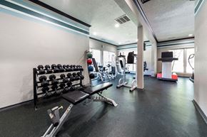 Plano apartment for rent - A gym with a variety of equipment including dumbbells and weight machines.
