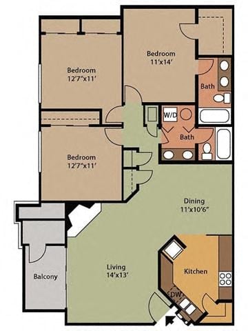 Floor plan for 3 beds, 2 baths, 1344 sqft