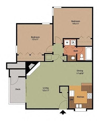 Floor plan for 2 beds, 1 bath, 934 sqft
