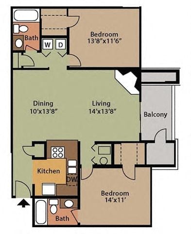 Floor plan for 2 beds, 2 baths, 1085 sqft