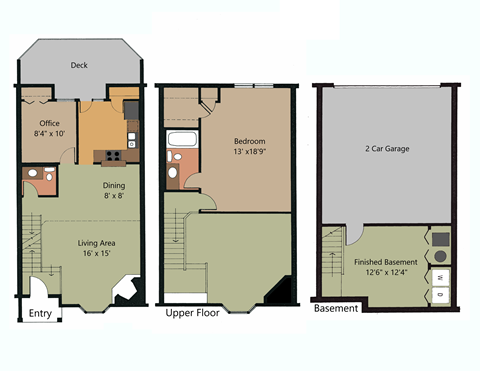 Floor plan for 1 bed, 1.5 baths, 1302 sqft