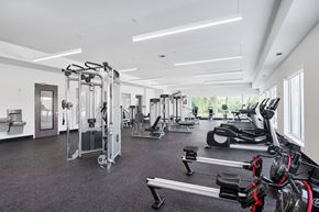 Minnetonka apartment for rent - a gym with treadmills and other exercise equipment in a building with windows
