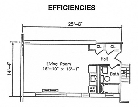 Floor plan for studio, 1 bath, 328 sqft