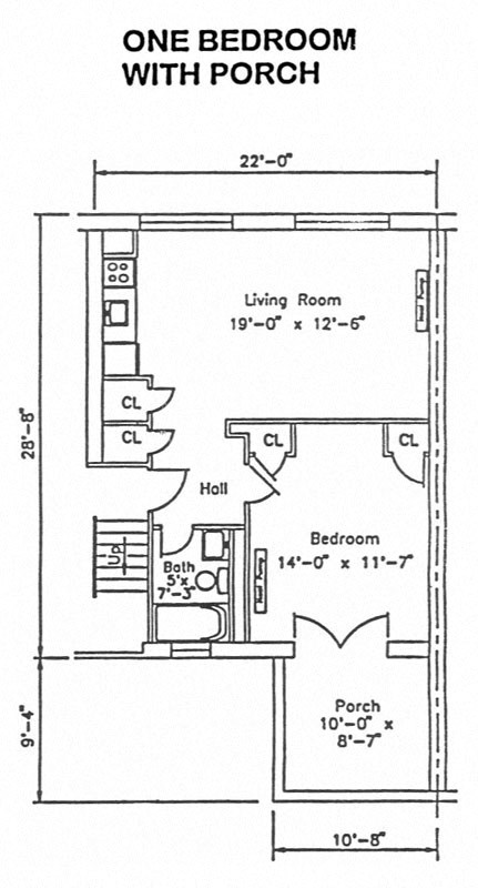 Floor plan for 1 bed, 1 bath, 512 sqft