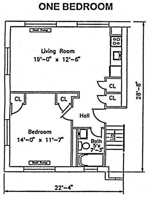 Floor plan for 1 bed, 1 bath, 512 sqft