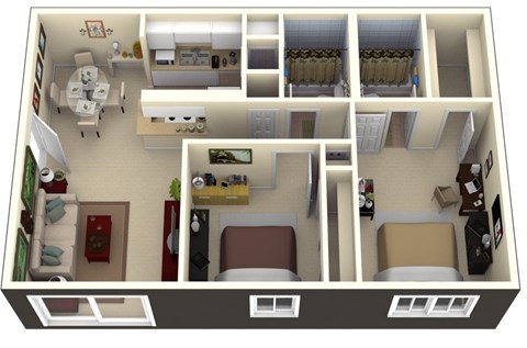 Floor plan for 2 beds, 2 baths, 800 sqft