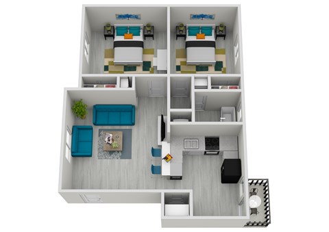 Floor plan for 2 beds, 1 bath, 884 sqft