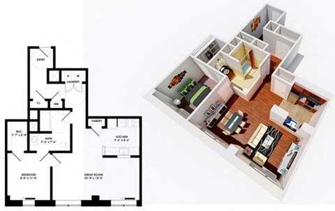 Floor plan for 1 bed, 1 bath, 915 sqft