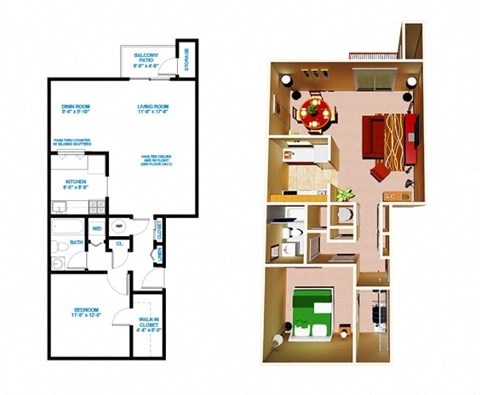 Floor plan for 1 bed, 1 bath