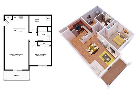 Floor plan for 1 bed, 1 bath, 920 sqft
