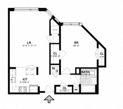 Floor plan for 1 bed, 1 bath, 720 sqft