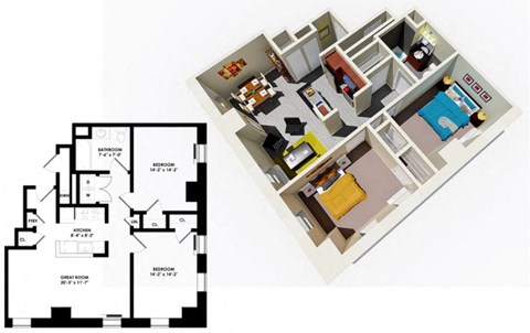 Floor plan for 2 beds, 1.5 baths, 1139 sqft