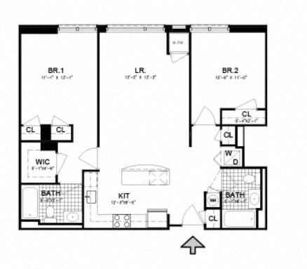 Floor plan for 2 beds, 2 baths, 945 sqft
