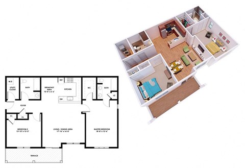Floor plan for 2 beds, 2 baths, 1265 sqft