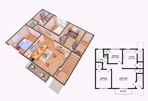 Floor plan for 2 beds, 1 bath, 900 sqft