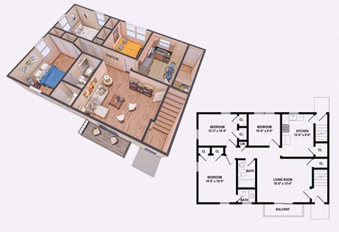 Floor plan for 3 beds, 2 baths, 1070 sqft