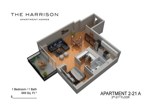 Floor plan for studio, 1 bath, 689 sqft