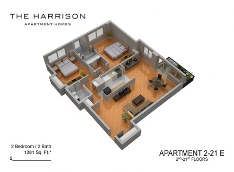Floor plan for 2 beds, 2 baths, 1282 sqft