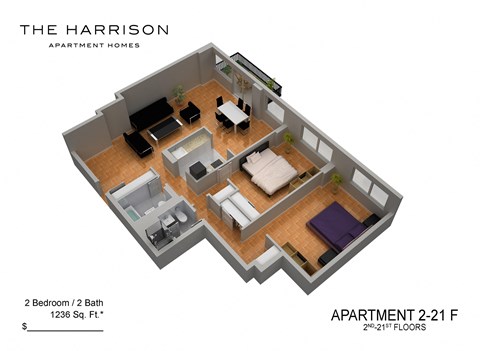 Floor plan for 2 beds, 2 baths, 1236 sqft