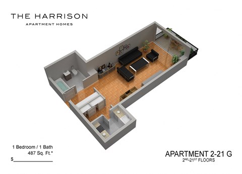 Floor plan for studio, 1 bath, 487 sqft