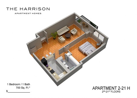 Floor plan for 1 bed, 1 bath, 752 sqft